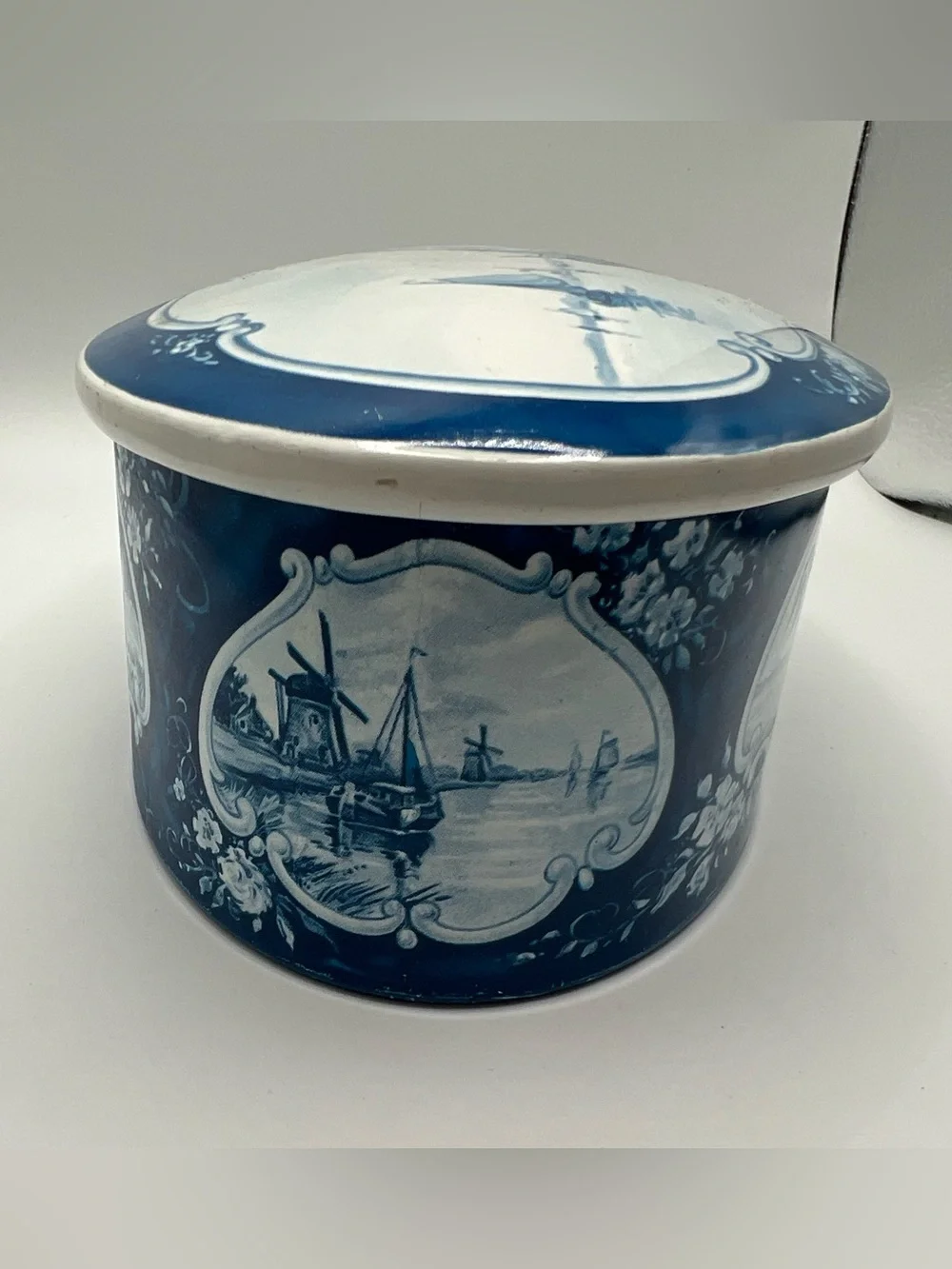 Vintage Droste Holland Oval Metal Candy Tin White And Blue Design